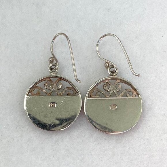 Sterling Silver 925 Round Mother Of Pearl MOP Scrollwork Accent Dangle Earrings - Picture 8 of 16